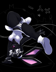 Size: 926x1184 | Tagged: suggestive, artist:elpatrixf, vibri (vib-ribbon), lagomorph, mammal, rabbit, anthro, plantigrade anthro, cc by-nc-nd, creative commons, vib-ribbon, black background, black body, blushing, bracelet, breasts, butt, clothes, ear headband, female, glasses, hands, illustration, jewelry, looking at you, on head, open mouth, panties, plus sign, shoes, simple background, socks, solo, solo female, star glasses, thighs, underass, underwear, upside down, white outline