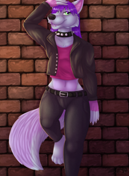 Size: 2200x3000 | Tagged: safe, artist:thatblackfox, canine, mammal, wolf, brick, female, high res, leather, pinup, punk, wall