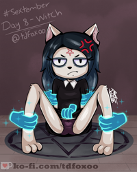 Size: 2000x2500 | Tagged: suggestive, artist:tdfoxoo, claire (cartoon hangover), cat, feline, mammal, anthro, cartoon hangover, angry, bottomless, clothes, cute, disembodied hand, dress, female, fur, goth, hair, high res, long hair, magic, makeup, nudity, panties, partial nudity, paws, pentagram, sextember, sextember2021, sexy, solo, solo female, spread legs, the summoning, underwear, white body, white fur, witch