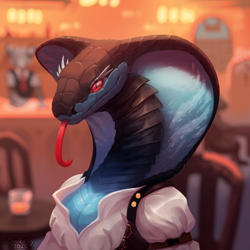 Size: 1500x1500 | Tagged: safe, artist:dustfinity, oc, oc only, ambiguous species, reptile, snake, anthro, 2020, ambiguous gender, bar, bartender, breasts, chair, cleavage, clothes, colored sclera, commission, drink, female, female focus, forked tongue, glass, headshot, long tail, red sclera, shirt, signature, sitting, slit pupils, snake hood, snake tongue, solo focus, tail, tongue, tongue out, topwear