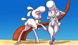 Size: 1280x731 | Tagged: suggestive, artist:ahobobo, dawn bellwether (zootopia), pom lamb (tfh), bovid, caprine, mammal, sheep, anthro, feral, disney, them's fightin' herds, zootopia, beach, bell, bikini, blushing, breasts, butt, clothes, cloven hooves, collar, crossover, hooves, looking at you, palm tree, plant, sand, sling bikini, swimsuit, tree