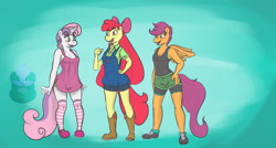 Size: 1280x688 | Tagged: safe, artist:radicalweegee, apple bloom (mlp), scootaloo (mlp), sweetie belle (mlp), earth pony, equine, fictional species, mammal, pegasus, pony, unicorn, anthro, plantigrade anthro, friendship is magic, hasbro, my little pony, anthrofied, cutie mark crusaders (mlp), female, group, trio