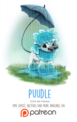Size: 629x994 | Tagged: safe, artist:cryptid-creations, canine, dog, mammal, poodle, feral, 2d, ambiguous gender, front view, patreon, patreon logo, puddle, pun, rain, simple background, solo, solo ambiguous, three-quarter view, umbrella, visual pun, white background