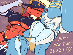 Size: 3000x2271 | Tagged: suggestive, artist:lyorenth-the-dragon, oc, oc only, oc:hanako (lyorenth-the-dragon), oc:pyra (lyorenth-the-dragon), blaziken, dragon, fictional species, furred dragon, anthro, nintendo, pokémon, 2021, abs, absolute cleavage, azur lane, big breasts, blonde hair, breasts, cleavage, clothes, dragoness, duo, duo female, female, females only, fluff, hair, high res, holiday, looking at you, muscles, muscular female, new year, pubic fluff, smiling, smiling at you, starter pokémon, thick thighs, thighs, underboob