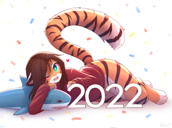 Size: 4700x3500 | Tagged: safe, artist:red3engine, oc, oc only, oc:alex marx, big cat, feline, fish, mammal, shark, tiger, anthro, digitigrade anthro, 2021, bottomless, brown hair, clothes, ears, fangs, female, fur, green eyes, hair, heart, heart eyes, holiday, long hair, looking at you, new year, nudity, orange body, orange fur, partial nudity, paws, sharp teeth, smiling, smiling at you, solo, solo female, striped fur, sweater, tail, teeth, thick thighs, thighs, tigress, topwear, wingding eyes, year of the tiger