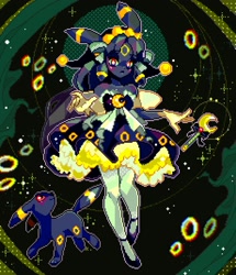 Size: 2300x2680 | Tagged: safe, artist:desiraesalmark, eeveelution, fictional species, mammal, umbreon, anthro, feral, nintendo, pokémon, abstract background, adorasexy, anthrofied, bare shoulders, blushing, bottomwear, clothes, cute, dress, female, frills, gloves, high res, knock-kneed, legs, legwear, magical girl, pigeon toed, pixel art, sexy, skirt, solo, solo female, stockings, wand