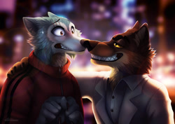 Size: 1280x905 | Tagged: safe, artist:silvixen, legoshi (beastars), mr. wolf (the bad guys), canine, mammal, wolf, anthro, beastars, dreamworks animation, the bad guys, 2022, anthro/anthro, blurred background, boop, brown body, brown fur, cheek fluff, clothes, crossover, duo, duo male, fluff, fur, gray body, gray fur, grin, hand on shoulder, male, male/male, males only, neck fluff, nervous, scar, shipping, smiling, suit, sweat, sweatdrop, white body, white fur, yellow eyes