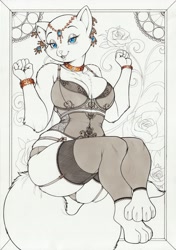 Size: 2891x4096 | Tagged: suggestive, artist:longinius, duchess (the aristocats), cat, feline, mammal, anthro, disney, the aristocats, big breasts, bra, breasts, choker, clothes, female, garter straps, heart, horns, jewelry, legwear, love heart, panties, solo, solo female, stockings, tail, thick thighs, thighs, underwear, undressing, wide hips