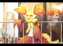 Size: 3422x2500 | Tagged: safe, artist:xripy, braixen, delphox, fennekin, fictional species, anthro, feral, nintendo, pokémon, 2021, ambiguous gender, bedroom eyes, blushing, digital art, ear fluff, ears, fluff, fur, group, high res, leaning forward, neck fluff, red nose, starter pokémon, stick, sweat, tail, tired, tongue, tongue out, trio, trio ambiguous