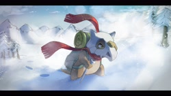Size: 4096x2304 | Tagged: safe, artist:xripy, cubone, fictional species, feral, nintendo, pokémon, 2021, ambiguous gender, bag, bone, clothes, digital art, hiking, letterboxing, mask, mountain, plant, scales, scarf, skull, snow, snow storm, solo, solo ambiguous, tail, tree