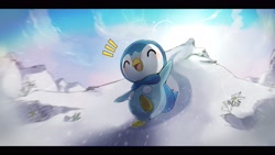 Size: 4096x2304 | Tagged: safe, artist:xripy, fictional species, piplup, feral, nintendo, pokémon, 2021, ambiguous gender, beak, digital art, eyes closed, letterboxing, mountain, open mouth, plant, scales, snow, snow storm, solo, solo ambiguous, starter pokémon, tail, tongue, tree