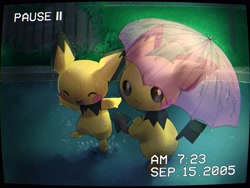 Size: 3333x2500 | Tagged: safe, artist:xripy, fictional species, mammal, pichu, feral, nintendo, pokémon, 2021, ambiguous gender, digital art, duo, duo ambiguous, eyes closed, high res, looking at you, open mouth, rain, tail, tongue, umbrella