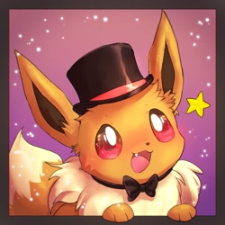 Size: 2500x2500 | Tagged: safe, artist:xripy, eevee, eeveelution, fictional species, mammal, feral, nintendo, pokémon, 2021, ambiguous gender, black nose, bow, bow tie, clothes, cute, digital art, ears, fluff, fur, high res, magician, neck fluff, open mouth, paws, solo, solo ambiguous, tail