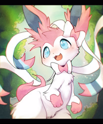 Size: 2500x3000 | Tagged: safe, artist:xripy, eeveelution, fictional species, mammal, sylveon, feral, nintendo, pokémon, 2021, 2d, ambiguous gender, belly fluff, black nose, blue eyes, blush lines, blushing, cheek fluff, chest fluff, colored pupils, complete nudity, cute, cute little fangs, detailed background, digital art, ear fluff, ears, fangs, fluff, forest, front view, fur, head fluff, high res, leg fluff, letterboxing, long ears, multicolored body, multicolored fur, nudity, open mouth, pink body, pink fur, pink tail, plant, ribbons (body part), sharp teeth, socks (leg marking), solo, solo ambiguous, tail, tail fluff, teeth, three-quarter view, tongue, tree, two toned body, two toned fur, two toned head, white body, white fur