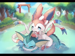 Size: 3333x2500 | Tagged: safe, artist:xripy, eeveelution, fictional species, mammal, sylveon, vaporeon, feral, nintendo, pokémon, 2021, ambiguous gender, black nose, crying, cuddling, digital art, duo, duo ambiguous, ears, eyes closed, forest, fur, high res, hug, letterboxing, open mouth, plant, ribbons (body part), river, tail, tree, water