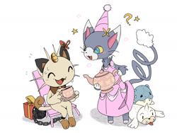 Size: 2000x1500 | Tagged: safe, artist:xripy, fictional species, glameow, mammal, meowth, anthro, feral, nintendo, pokémon, 2021, ambiguous gender, black nose, chain ball, clothes, digital art, dress, drink, duo, duo ambiguous, ears, eyes closed, fur, open mouth, saucer, sitting, slave, tail, tea, teacup, teapot, tongue