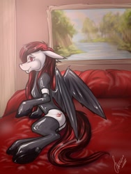 Size: 900x1200 | Tagged: suggestive, artist:stirren, oc, bat pony, equine, fictional species, mammal, pony, feral, friendship is magic, hasbro, my little pony, bed, commission, hooves, latex, latex clothes, looking at you, lying down, pinup, room, solo, wings, ych result