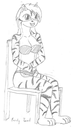 Size: 999x1734 | Tagged: safe, artist:parclytaxel, oc, oc only, oc:tori taxel, big cat, feline, fictional species, genie, mammal, tiger, anthro, bra, chair, clothes, line art, looking at you, monochrome, panties, pencil drawing, sitting, smiling, smiling at you, solo, traditional art, underwear