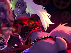 Size: 1000x743 | Tagged: suggestive, alternate version, artist:skeleion, roxanne wolf (fnaf), canine, mammal, wolf, anthro, five nights at freddy's, five nights at freddy's: security breach, 2022, big butt, butt, female, green hair, hair, looking at you, looking back, looking back at you, multicolored hair, smiling, smiling at you, solo, solo female, thick thighs, thighs, two toned hair, white hair