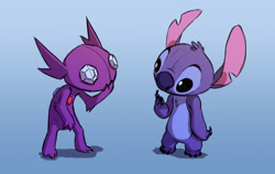 Size: 3578x2261 | Tagged: safe, artist:moth-eatn, stitch (lilo & stitch), alien, experiment (lilo & stitch), fictional species, sableye, disney, lilo & stitch, nintendo, pokémon, 2014, 3 toes, 4 toes, ambiguous gender, black eyes, blue background, blue body, blue fur, blue nose, chest fluff, colored sketch, crossover, curious, duo, ears, eye contact, feet, fluff, fur, gradient background, hand on face, head fluff, high res, looking at another, purple body, simple background, sketch, standing, toes, torn ear