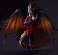 Size: 1500x1402 | Tagged: safe, artist:isvoc_art, dragon, fictional species, anthro, digitigrade anthro, 2022, clothes, dragon wings, dragoness, dress, female, horns, solo, solo female, tail, wings