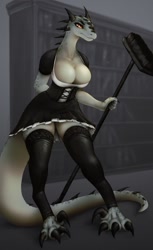 Size: 734x1199 | Tagged: safe, artist:artimpractical, lizard, reptile, anthro, digitigrade anthro, 2021, absolute cleavage, big breasts, breasts, broom, claws, cleavage, clothes, female, horns, legwear, maid outfit, solo, solo female, stockings, tail, whie body