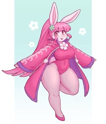 Size: 1283x1500 | Tagged: safe, artist:dobrota2_0, oc, oc only, lagomorph, mammal, rabbit, anthro, 2022, big breasts, breasts, clothes, female, flower, flower in hair, gift art, hair, hair accessory, leotard, plant, solo, solo female, thick thighs, thighs, wide hips
