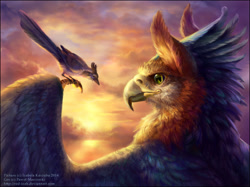 Size: 602x451 | Tagged: safe, artist:red-izak, oc, oc only, oc:gree, bird, feline, fictional species, gryphon, mammal, feral, 2014, looking at something, solo, sunrise