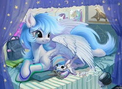 Size: 2163x1579 | Tagged: safe, artist:paipaishuaige, oc, oc only, equine, fictional species, mammal, pegasus, pony, feral, hasbro, my little pony, 2021, aircraft, airplane, backpack, bag, bed, blue hair, blue mane, blue tail, commission, concorde, curtains, feathered wings, feathers, female, fur, hair, headphones, headset, headwear, lying down, mane, mare, plushie, poster, smiling, solo, solo female, spread wings, tail, vehicle, white body, white fur, wings