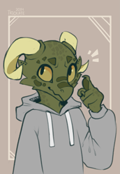Size: 983x1431 | Tagged: safe, artist:trickate, fictional species, kobold, lizard, reptile, anthro, 2014, black eyes, bust, claws, clothes, colored sclera, green body, hoodie, horns, portrait, solo, topwear, yellow sclera