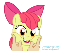 Size: 708x600 | Tagged: safe, artist:kuren247, artist:punkponies, edit, apple bloom (mlp), earth pony, equine, fictional species, mammal, pony, feral, friendship is magic, hasbro, my little pony, 2021, female, filly, foal, hands, offscreen human, on model, squishy, young