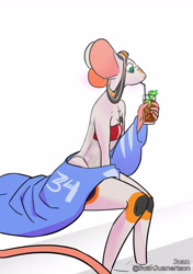 Size: 1764x2508 | Tagged: safe, artist:juanjuanertson, mammal, mouse, rodent, anthro, clothes, drink, drinking, female, sitting, solo, solo female, swimsuit