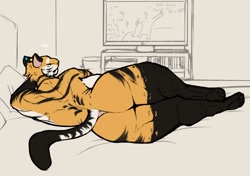 Size: 1517x1069 | Tagged: suggestive, artist:securipun, oc, oc:jeaninne (securipun), big cat, feline, mammal, tiger, anthro, big butt, butt, female, looking at you, looking back, looking back at you, lying down, muscles, muscular female, solo, solo female, tail, thick thighs, thighs, wide hips
