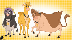 Size: 950x523 | Tagged: safe, artist:david kawena, grace (home on the range), maggie (home on the range), mrs. calloway (home on the range), bovid, cattle, cow, mammal, feral, disney, home on the range, 2d, female, group, looking at you, ungulate