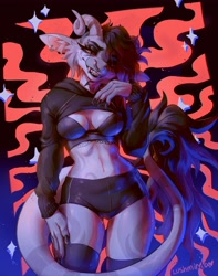 Size: 3224x4096 | Tagged: species needed, suggestive, artist:lushminda_art, oc, anthro, 2022, bra, breasts, cleavage, clothes, digital art, ear piercing, ears, eyebrow piercing, female, gray body, hair, horns, looking at you, nose piercing, nose ring, panties, piercing, solo, solo female, standing, tail, tail tuft, teeth, underwear