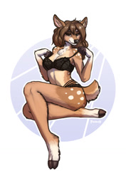 Size: 905x1280 | Tagged: safe, artist:foxovh, oc, oc only, oc:eri (feral.), cervid, deer, mammal, white-tailed deer, anthro, unguligrade anthro, 2022, bedroom eyes, bra, breasts, clothes, cloven hooves, female, fur, gloves (arm marking), hooves, lingerie, panties, pose, seductive, sexy, socks (leg marking), solo, solo female, spotted fur, tail, underwear, ungulate