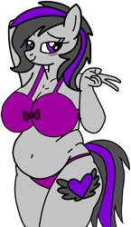 Size: 1718x2955 | Tagged: suggestive, artist:mrstheartist, oc, oc only, oc:viola love, equine, fictional species, mammal, pegasus, pony, anthro, friendship is magic, hasbro, my little pony, base used, bedroom eyes, belly, belly button, big breasts, black outline, bow, breasts, cleavage, clothes, cutie mark, self upload, sexy, slightly chubby, underwear
