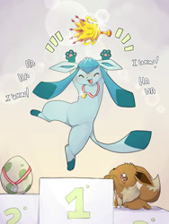 Size: 1500x2000 | Tagged: safe, artist:xripy, eevee, eeveelution, fictional species, glaceon, mammal, feral, nintendo, pokémon, 2021, ambiguous gender, black nose, crying, dialogue, digital art, ears, egg, fluff, fur, hair, happy, neck fluff, open mouth, paw pads, paws, simple background, tail, talking, text, tongue