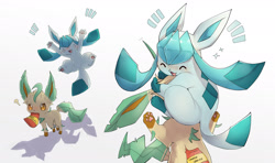 Size: 2362x1403 | Tagged: safe, artist:xripy, eeveelution, fictional species, glaceon, leafeon, mammal, feral, nintendo, pokémon, 2021, ambiguous gender, black nose, covering face, digital art, ears, food, fur, hair, holding, jumping, mouth hold, open mouth, paw pads, paws, silly, simple background, snack, tail, tongue