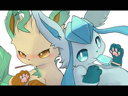 Size: 2000x1500 | Tagged: safe, artist:xripy, eeveelution, fictional species, glaceon, leafeon, mammal, feral, nintendo, pokémon, 2021, ambiguous gender, black nose, digital art, ears, food, fur, hair, holding, letterboxing, mouth hold, paw pads, paws, pocky, popsicle, silly, simple background, snack, tail