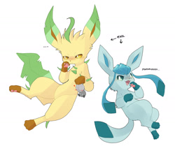 Size: 2000x1671 | Tagged: safe, artist:xripy, eeveelution, fictional species, glaceon, leafeon, mammal, feral, nintendo, pokémon, 2021, 2d, ambiguous gender, ambiguous only, black nose, butt fluff, closed mouth, colored pupils, complete nudity, cute, digital art, duo, duo ambiguous, ears, ellipsis, english text, evil, evil laugh, fluff, front view, fur, hair, head fluff, leg fluff, lidded eyes, light blue body, long ears, long tail, nudity, open mouth, paw pads, paws, pink paw pads, pointy ears, silly, simple background, socks (leg marking), tail, text, thighs, three-quarter view, tongue, underpaw, white background, white pupils