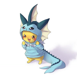 Size: 1280x1280 | Tagged: safe, artist:xripy, eeveelution, fictional species, mammal, pikachu, vaporeon, feral, nintendo, pokémon, 2021, ambiguous gender, black nose, clothes, cute, digital art, ears, fur, hoodie, open mouth, paws, simple background, solo, solo ambiguous, tail, tongue, topwear