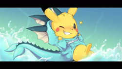 Size: 1920x1080 | Tagged: safe, artist:xripy, eeveelution, fictional species, mammal, pikachu, vaporeon, feral, nintendo, pokémon, 2021, ambiguous gender, black nose, clothes, cute, digital art, ears, fur, hoodie, letterboxing, looking at you, one eye closed, paws, tail, topwear