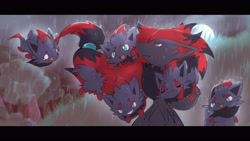 Size: 2666x1500 | Tagged: safe, artist:xripy, fictional species, mammal, zoroark, zorua, feral, nintendo, pokémon, 2021, ambiguous gender, butt, claws, cute, digital art, ears, female, fur, hair, holding, letterboxing, mother, mother and child, open mouth, paws, rain, tail, tongue