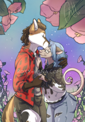 Size: 700x1000 | Tagged: safe, artist:roxyhana, oc, oc only, oc:frank rossi, oc:sasha ariales, canine, fox, mammal, marsupial, opossum, anthro, brown hair, clothes, couple, duo, flannel shirt, flower, garden, hair, hoodie, jeans, kiss on the forehead, kissing, long hair, multicolored hair, outdoors, pants, plant, ripped jeans, ripped pants, romantic, shirt, topwear, torn clothes, two toned hair