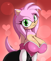 Size: 1480x1771 | Tagged: safe, artist:suirano, amy rose (sonic), rouge the bat (sonic), hedgehog, mammal, anthro, sega, sonic the hedgehog (series), 2019, big breasts, black nose, breasts, clothes, cosplay, digital art, ears, eyelashes, female, fur, gloves, hair, looking at you, simple background, solo, solo female, suit, tail, thick thighs, thighs, wide hips