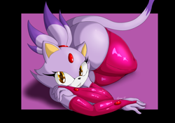Size: 1920x1344 | Tagged: suggestive, artist:suirano, blaze the cat (sonic), cat, feline, mammal, anthro, sega, sonic the hedgehog (series), 2018, black nose, clothes, digital art, ears, evening gloves, eyelashes, female, fur, gloves, hair, legwear, long gloves, looking at you, nudity, pose, simple background, solo, solo female, stockings, tail, thick thighs, thighs, wide hips