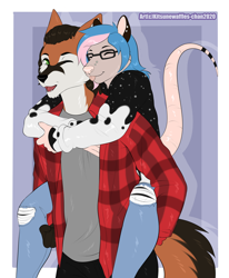Size: 700x850 | Tagged: safe, artist:kitsunewaffles, oc, oc:frank rossi, oc:sasha ariales, canine, fox, mammal, marsupial, opossum, anthro, brown hair, carrying, clothes, couple, cute, duo, ear piercing, female, flannel shirt, glasses, green eyes, hair, hoodie, jeans, male, multicolored hair, nose piercing, pants, piercing, piggyback ride, ripped jeans, ripped pants, shirt, standing, topwear, torn clothes