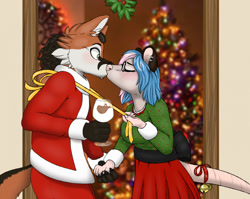 Size: 1280x1020 | Tagged: safe, artist:m0chi, oc, oc only, oc:frank rossi, oc:sasha ariales, canine, fox, mammal, marsupial, opossum, anthro, brown hair, christmas, clothes, costume, couple, dress, duo, ear piercing, female, green eyes, hair, holiday, kissing, male, mistletoe, multicolored hair, nose piercing, piercing, ponytail, romantic, santa costume
