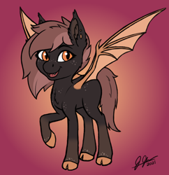 Size: 1200x1240 | Tagged: safe, artist:legatusflagrans, oc, oc only, oc:moonlit grove, bat pony, equine, fictional species, mammal, pony, feral, friendship is magic, hasbro, my little pony, cloven hooves, ear piercing, fangs, female, freckles, fur, hooves, looking at you, orange eyes, piercing, sharp teeth, slit pupils, solo, solo female, spotted fur, standing, teeth, wings